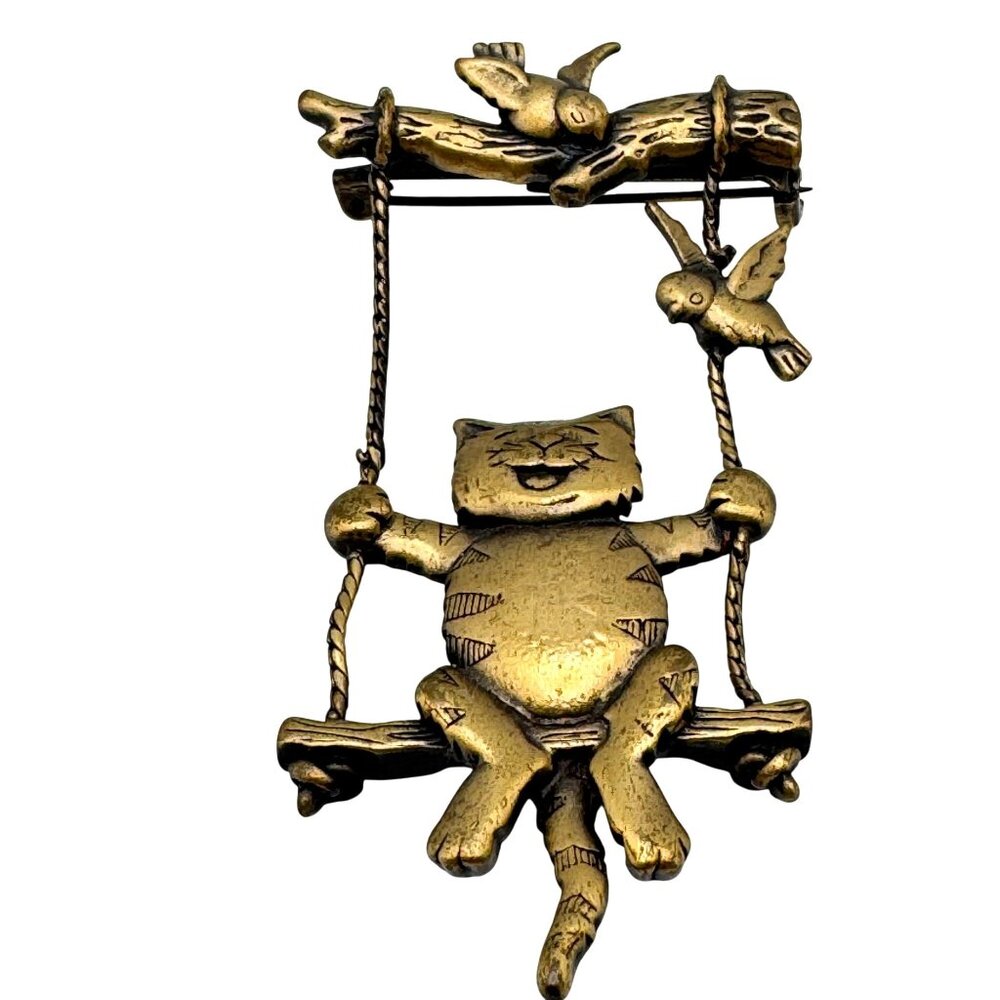 JJ Jonette Vintage Cat Swinging On A Tree Branch Brooch Birds Pin Bronze Metal